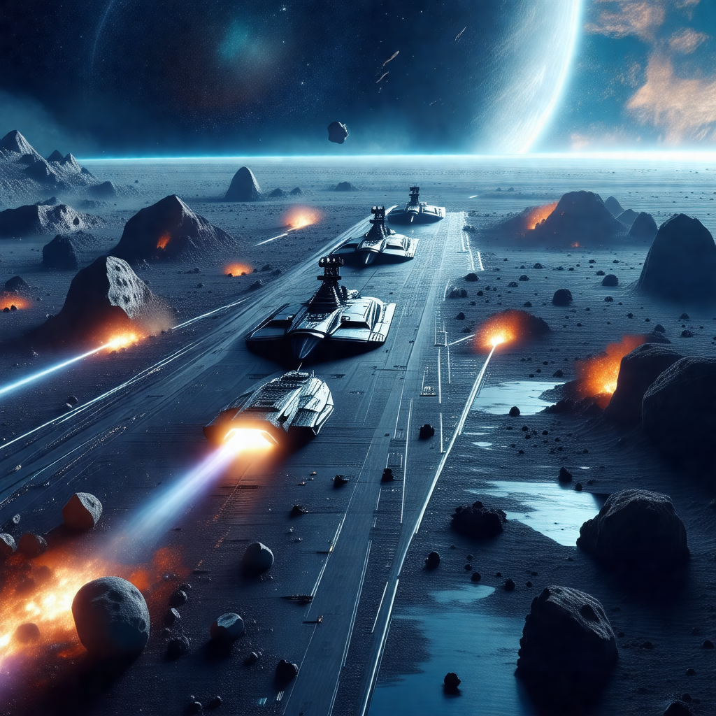 Futuristic scene with a long spacecraft traveling through...