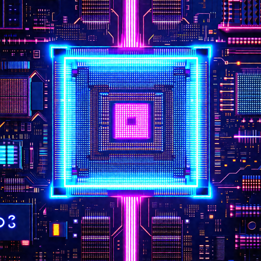Close-up of a computer circuit board with a blue and pink...