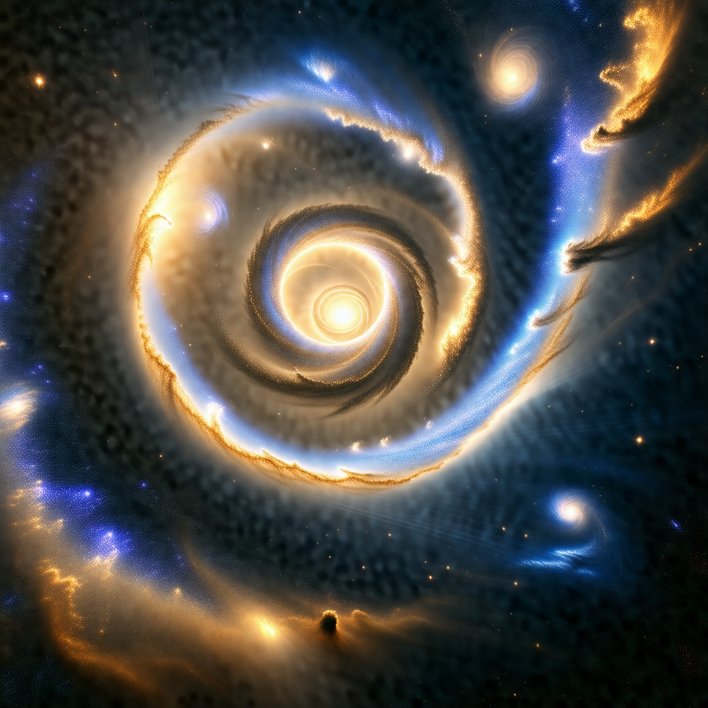 Spiral galaxy with a bright center, surrounded by a dark ...