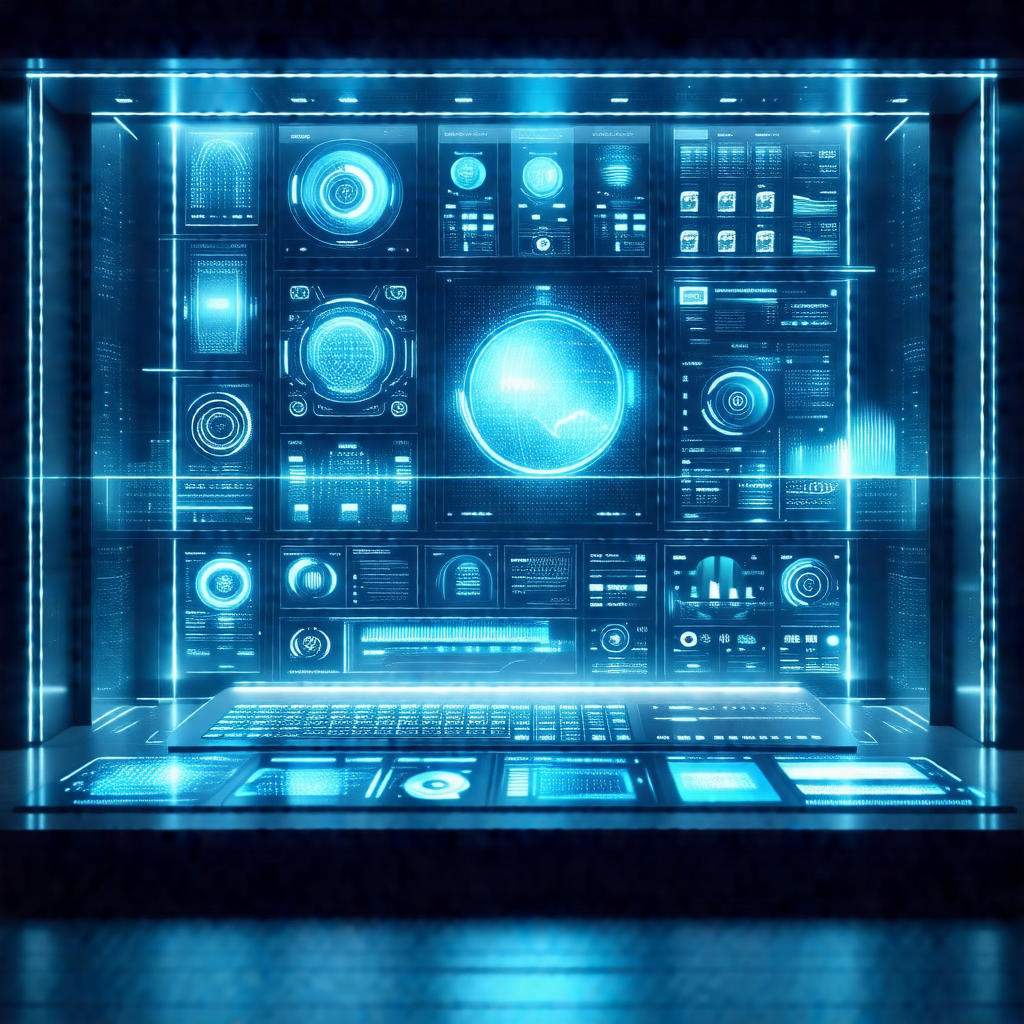 Futuristic computer setup with a blue glow surrounding it