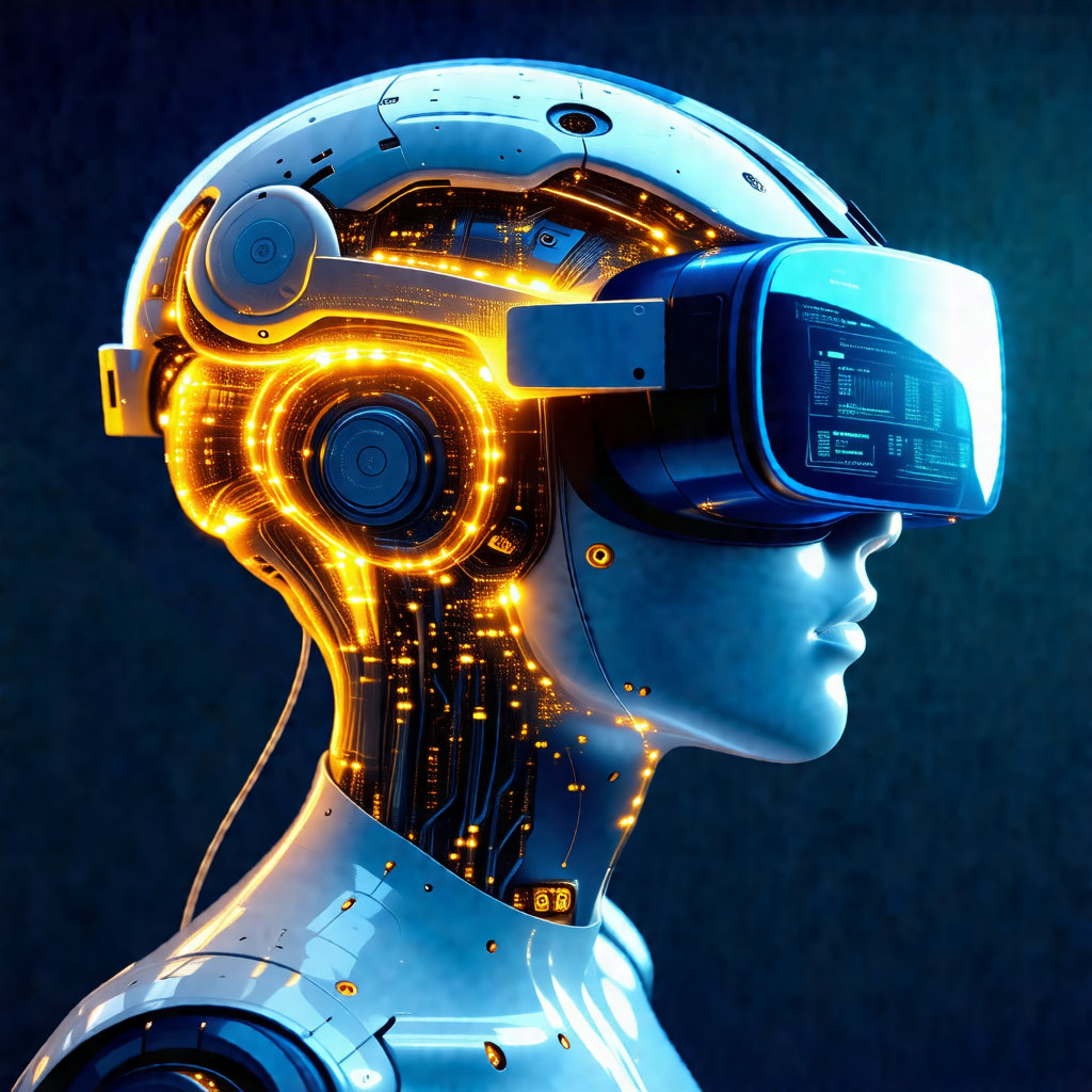 Futuristic robot with a blue headset on, giving the impre...