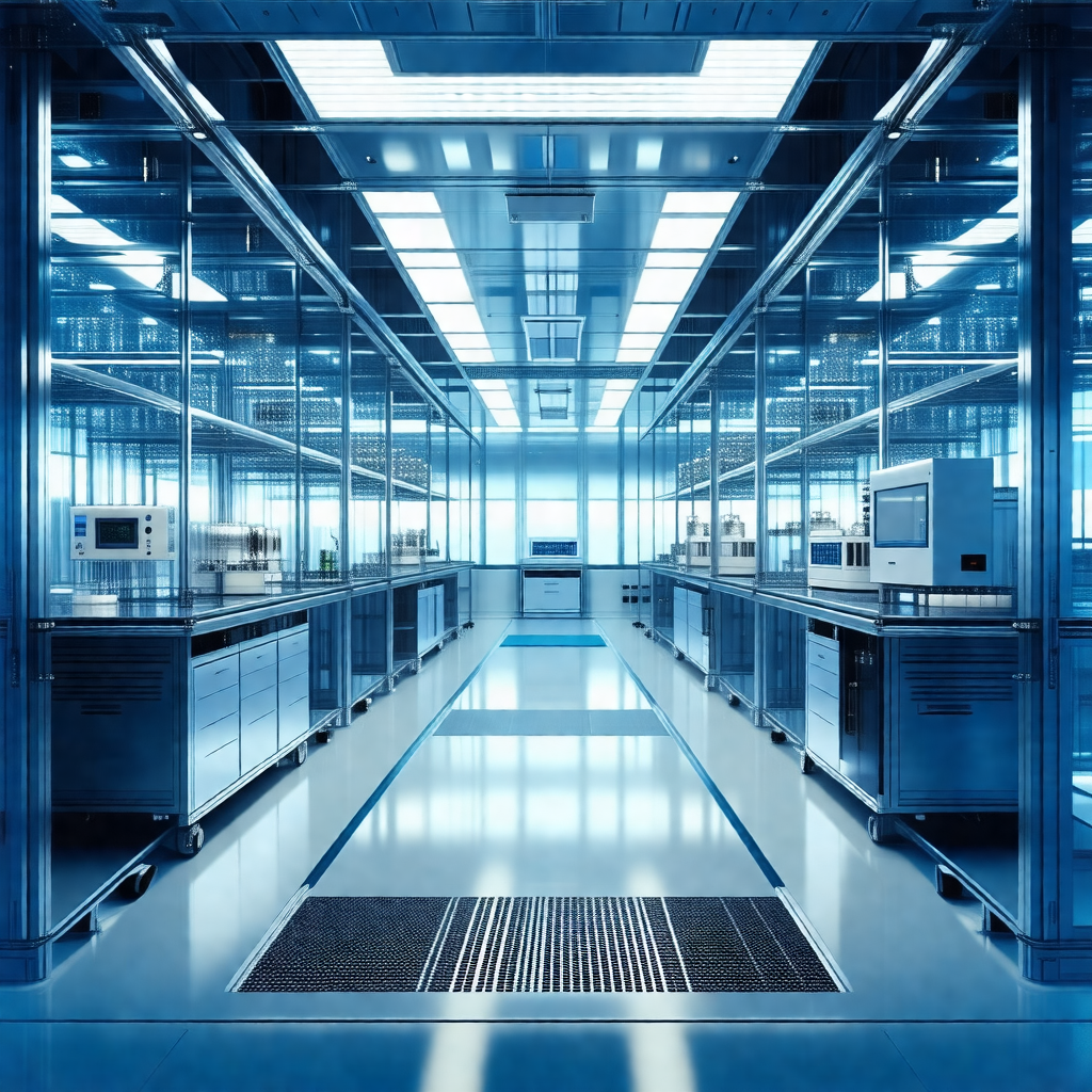 Large, clean, and well-lit laboratory with a blue-lit atm...
