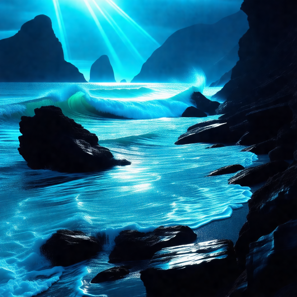 Serene beach scene at night, with the ocean glistening un...