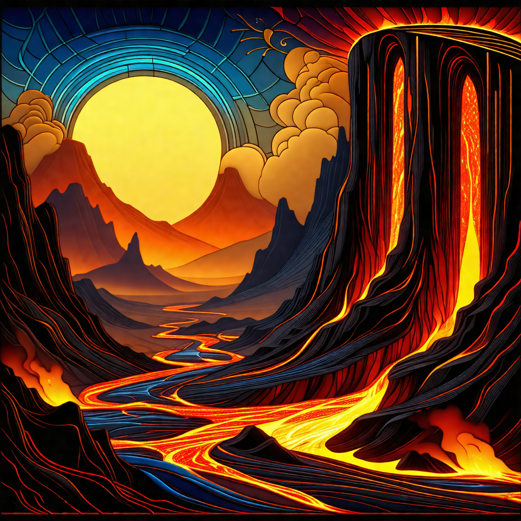 Painting of a mountainous landscape with a river flowing ...