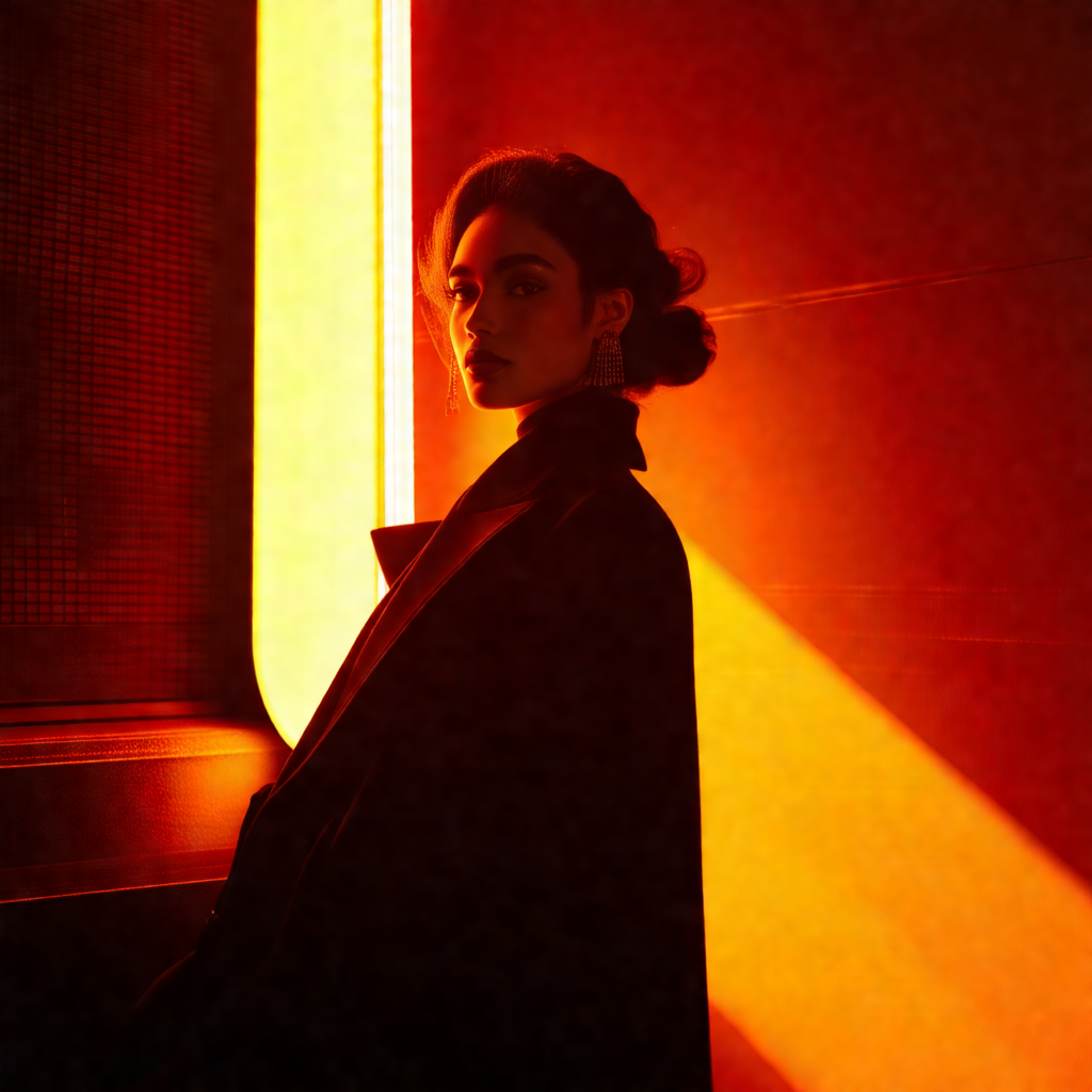 Woman standing in a room with a bright yellow background