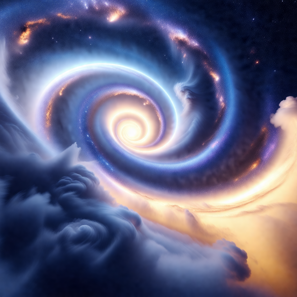 Spiral galaxy with a swirling blue center, surrounded by ...