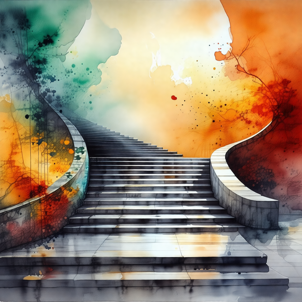 Painting of a staircase with a rainbow-colored background