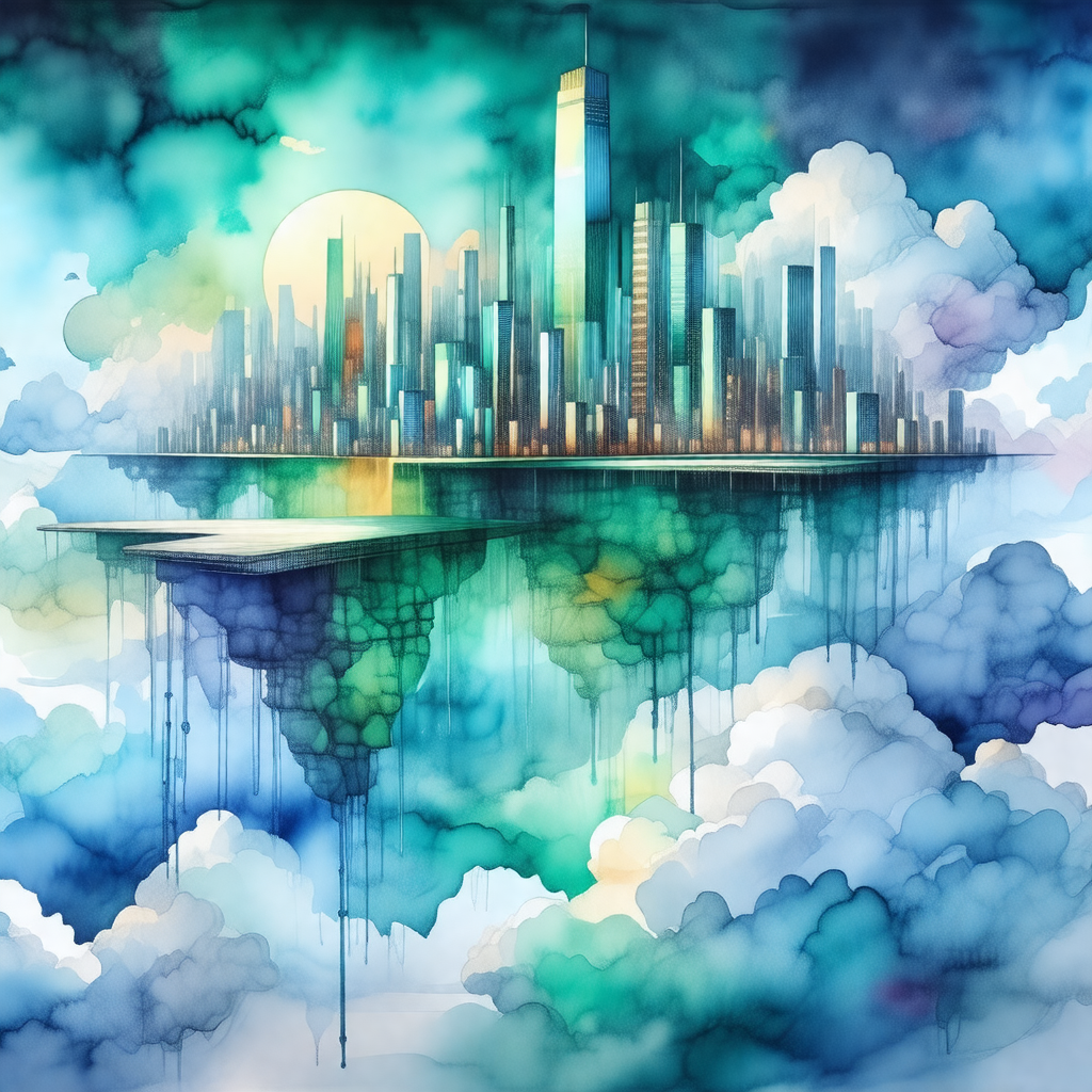 Painting of a cityscape, featuring a large city with a ta...