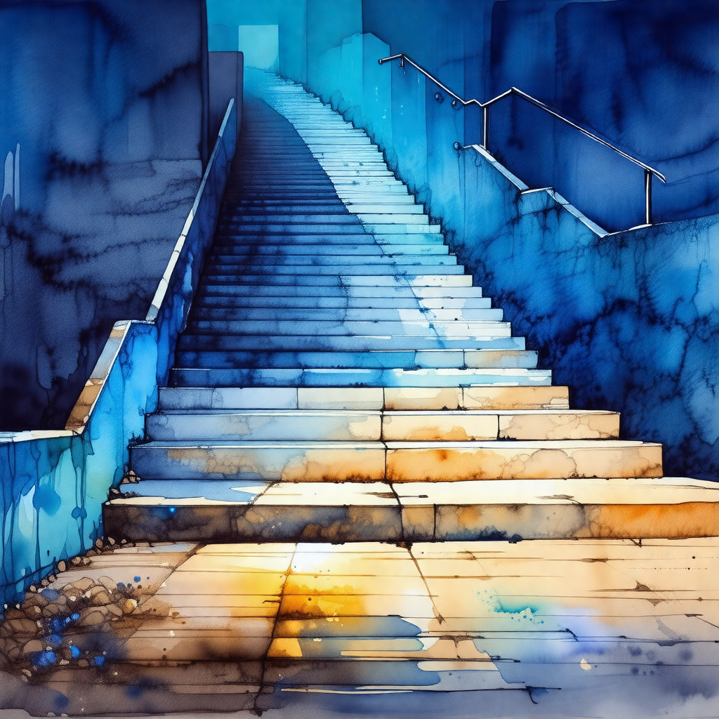 Painting of a staircase with a blue background