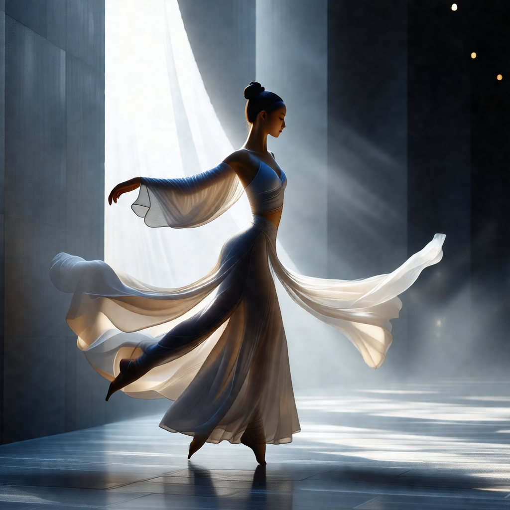 Woman in a white dress, standing in a room and gracefully...