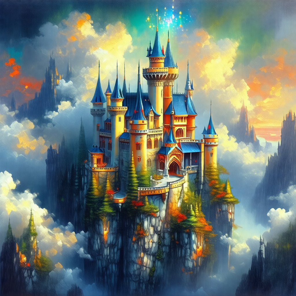 Large, colorful castle with a tall tower and a moat