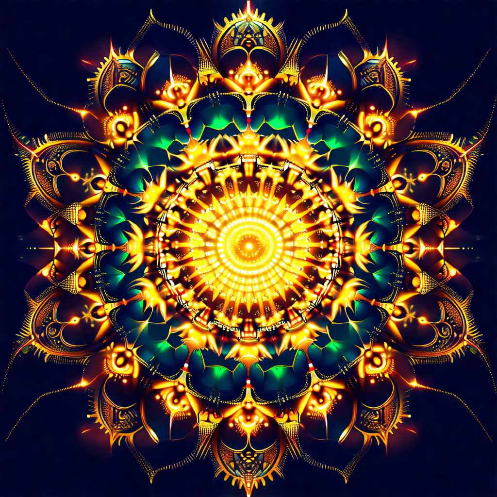 Colorful and intricate design, likely a mandala, with a c...