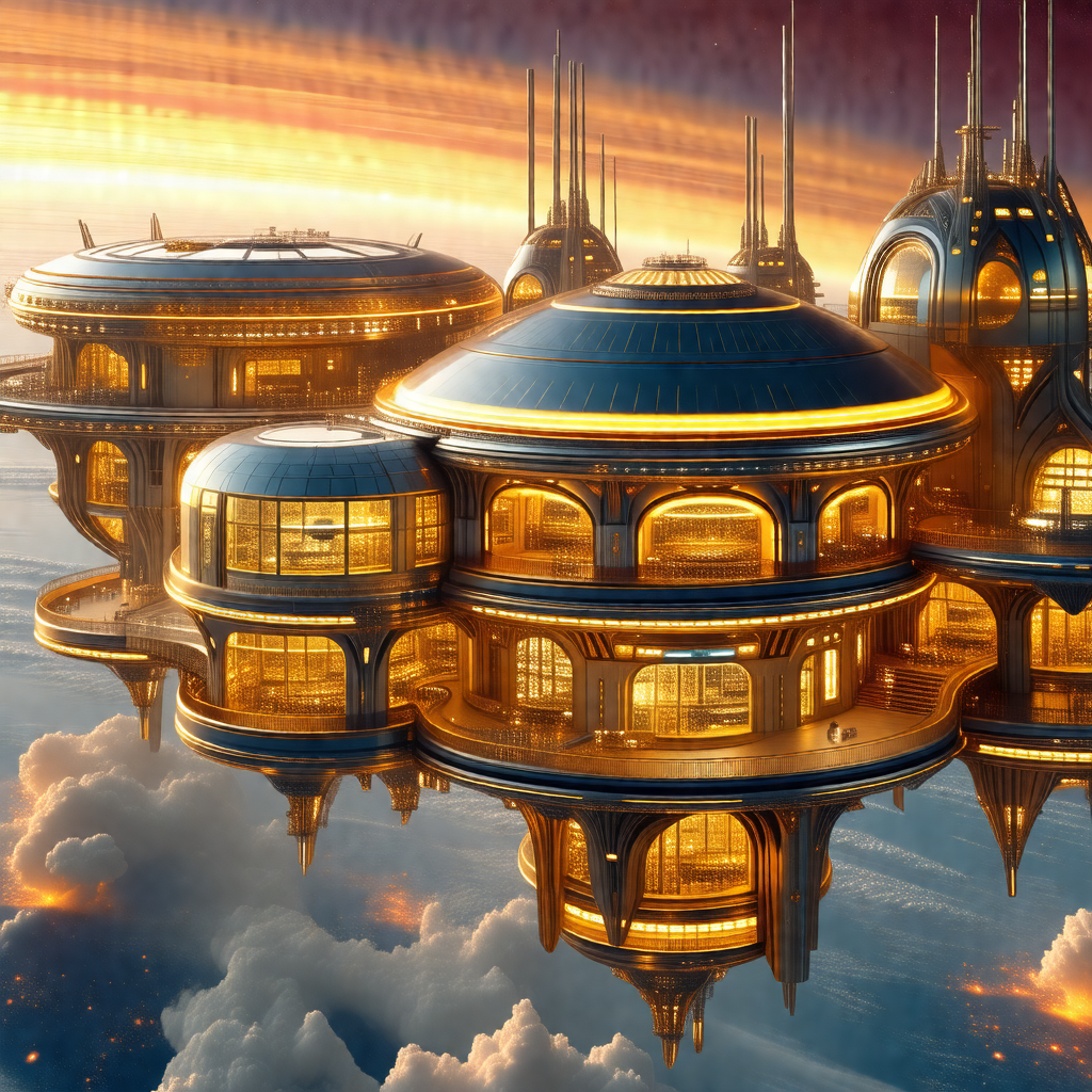 Futuristic city with a series of large, round buildings