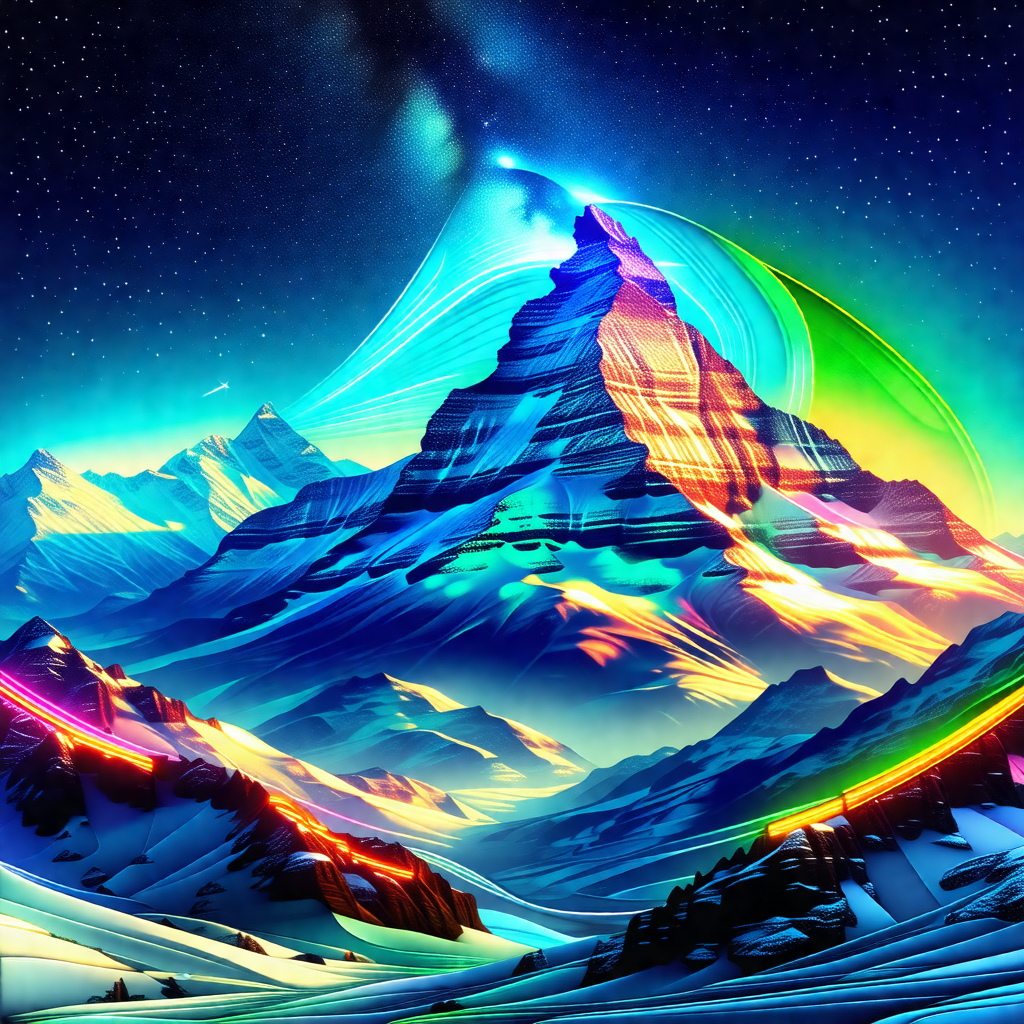 Colorful and vibrant painting of a mountain range at night