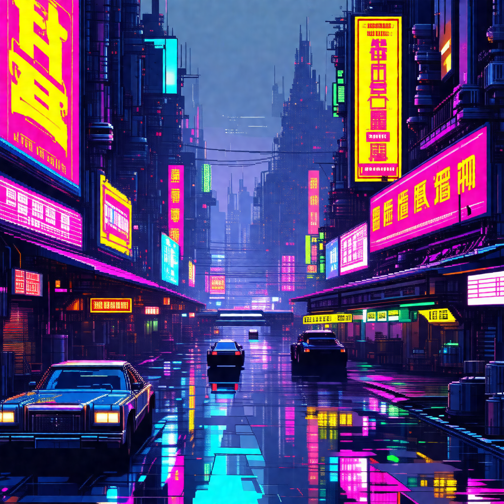 Colorful, futuristic cityscape with a rain-soaked street