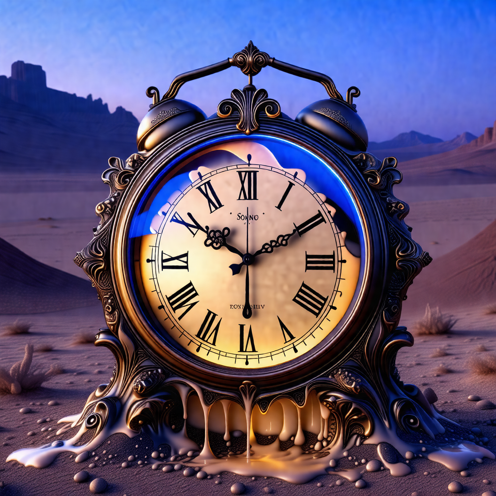 Large, ornate clock with roman numerals, placed in a dese...