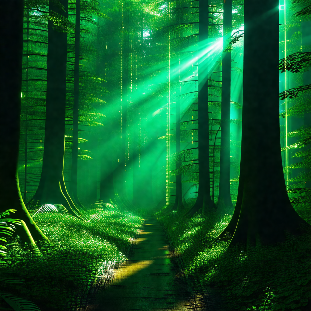 Lush green forest with a pathway leading through the trees