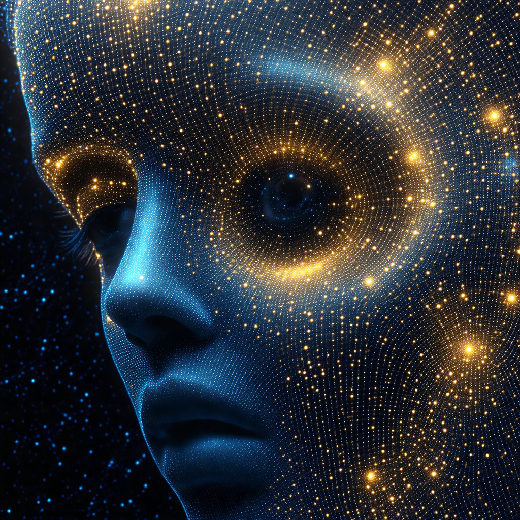 Close-up of a person's head, with a bright blue background