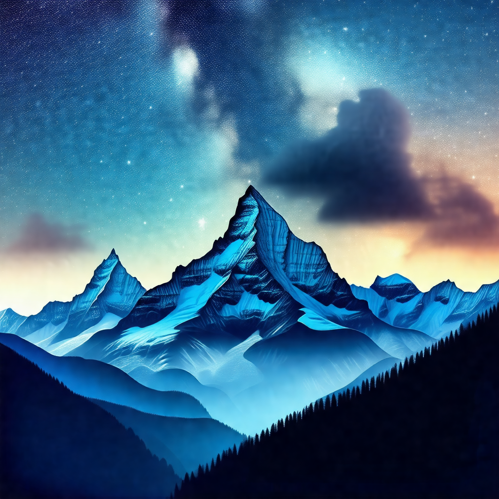Painting of a mountain range at night, with the mountains...