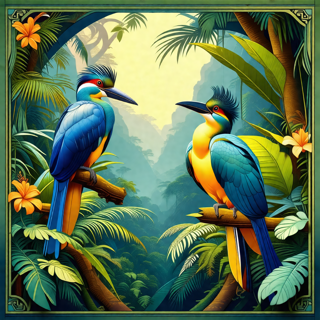 Two colorful birds perched on tree branches in a lush gre...