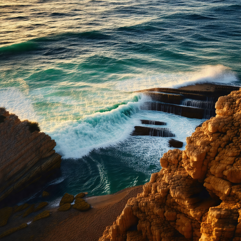 Captures a beautiful beach scene with a rocky cliff overl...