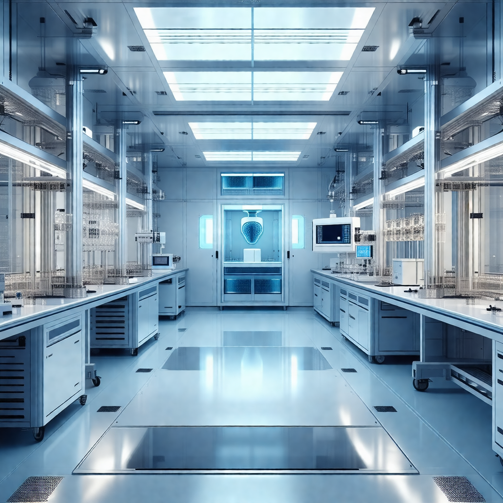 Large, clean, and well-lit laboratory with a blue-lit atm...