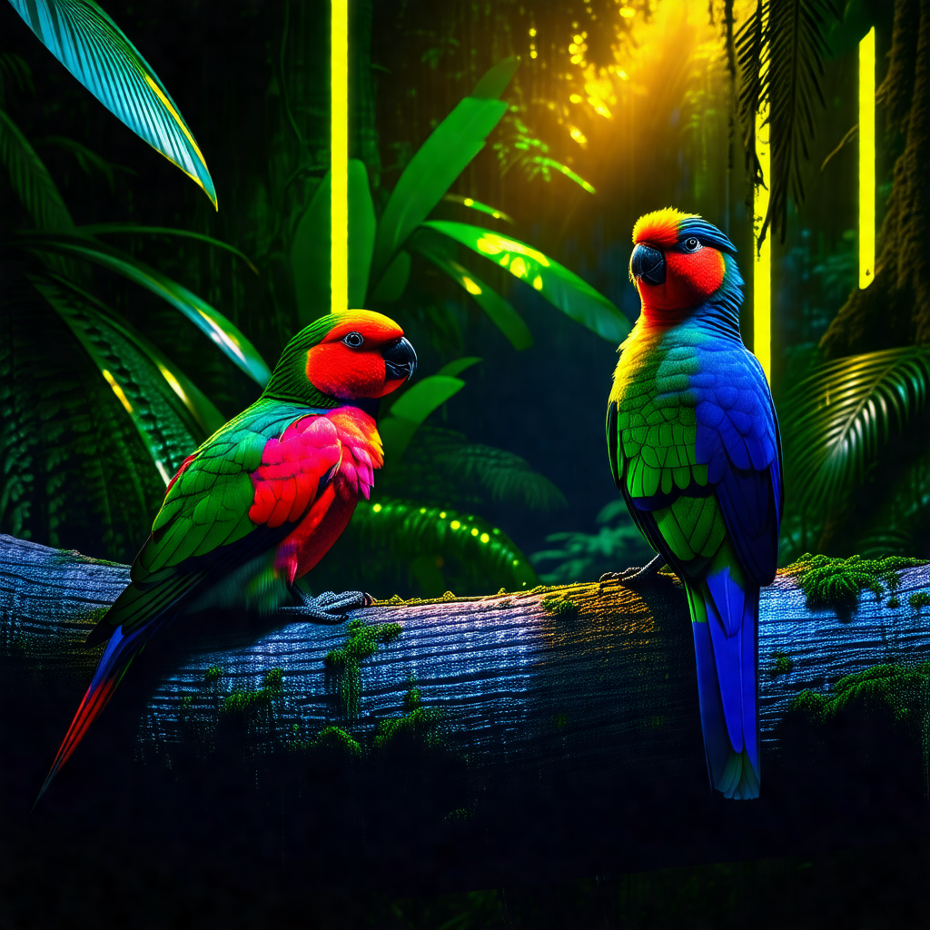 Two colorful parrots perched on a tree branch