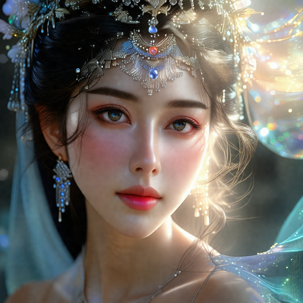 Beautiful woman with long hair, wearing a crown and a flo...