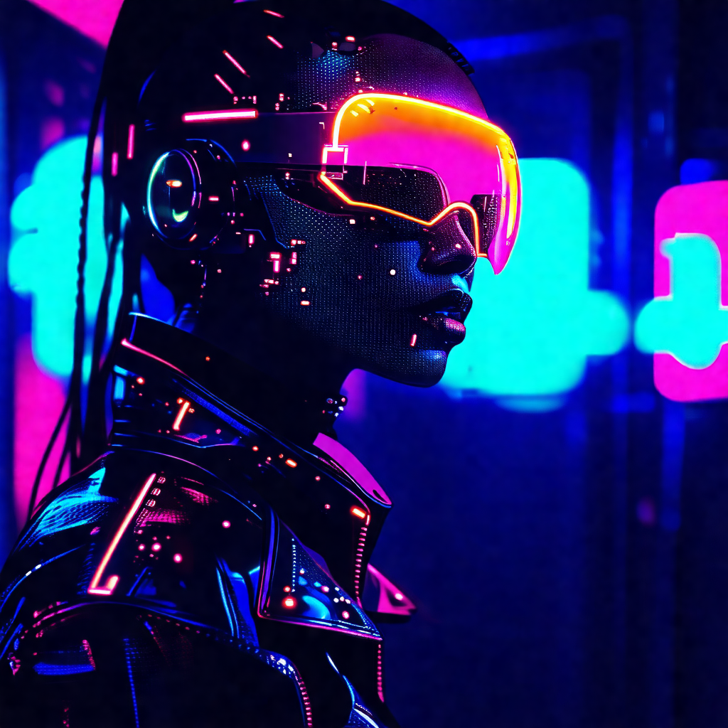 Woman wearing a futuristic outfit, including a black jack...