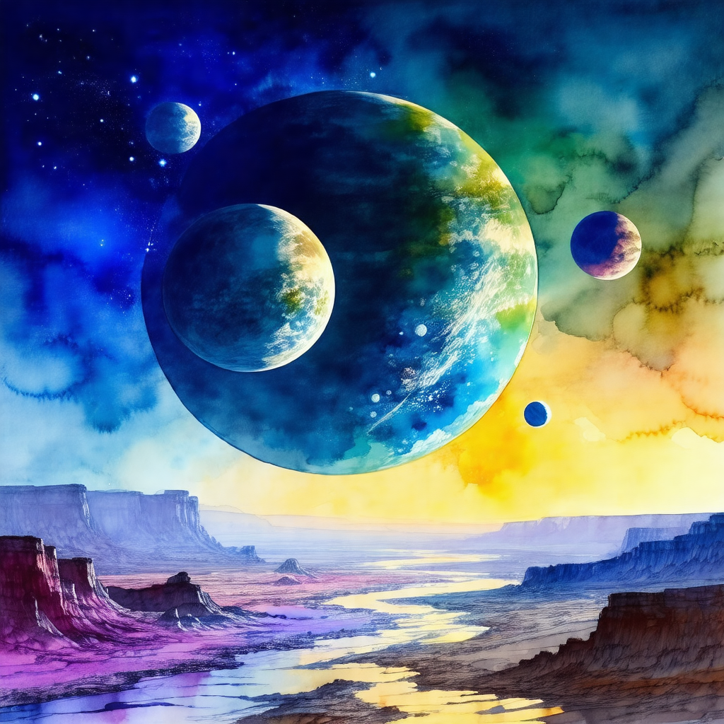 Colorful painting of a space scene with various planets a...