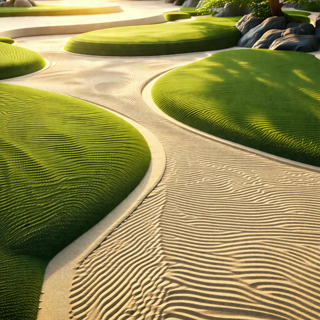 Lush green field with a sandy pathway running through it