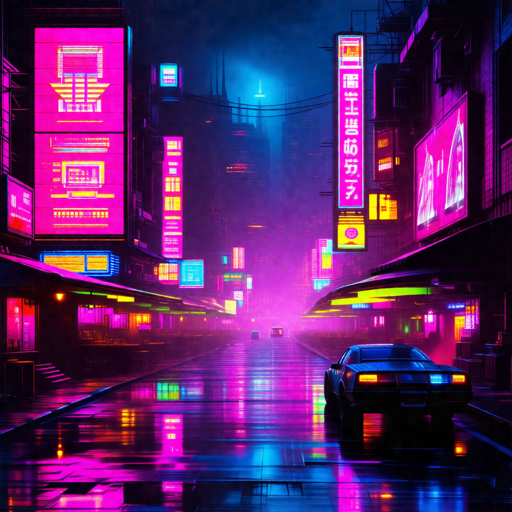 Futuristic city street at night, with a car driving down ...