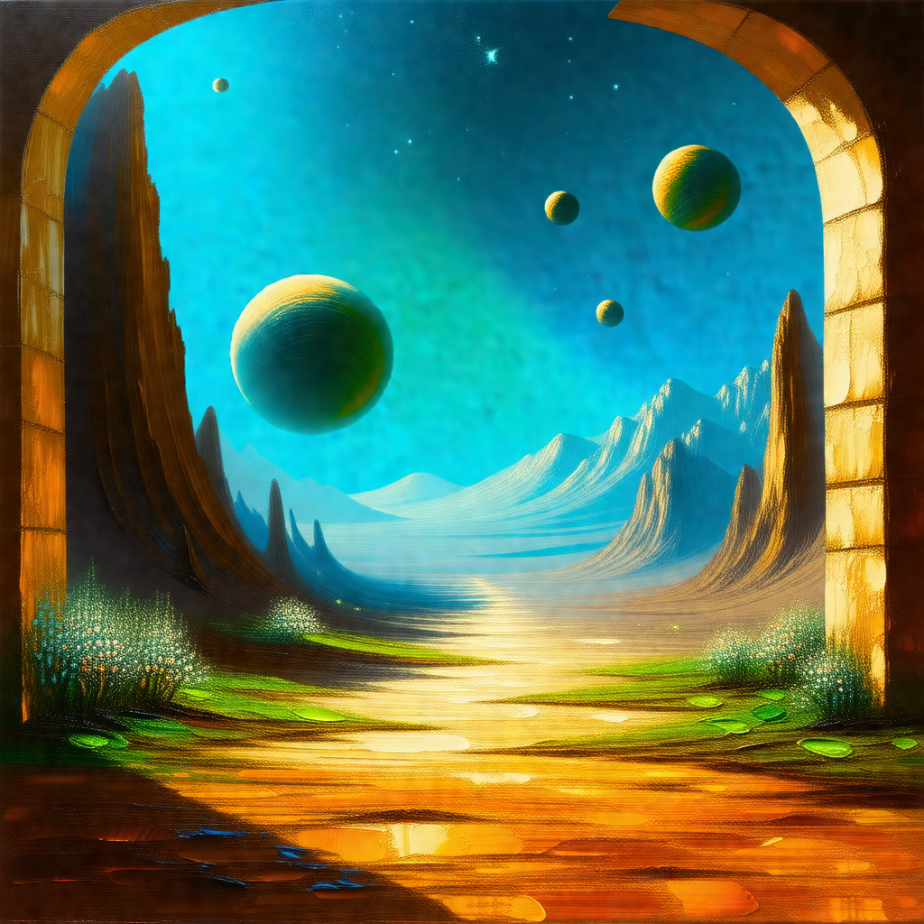 Painting of a rocky landscape with a path leading through it