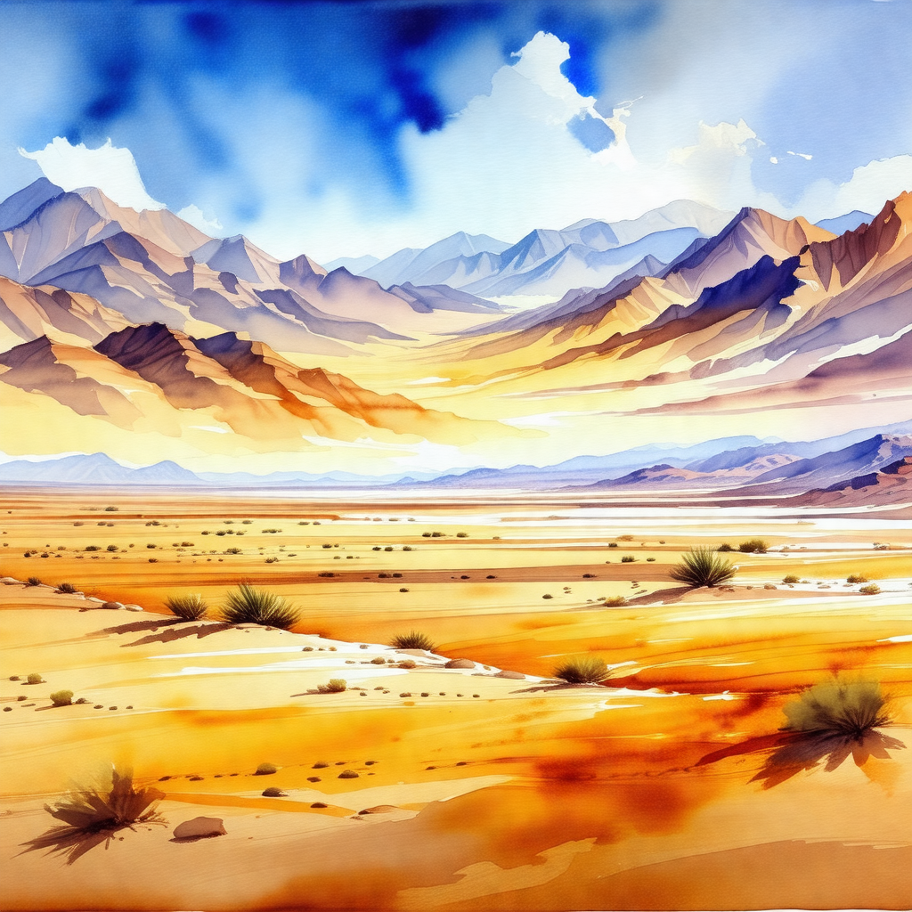 Painting of a desert landscape with mountains in the back...