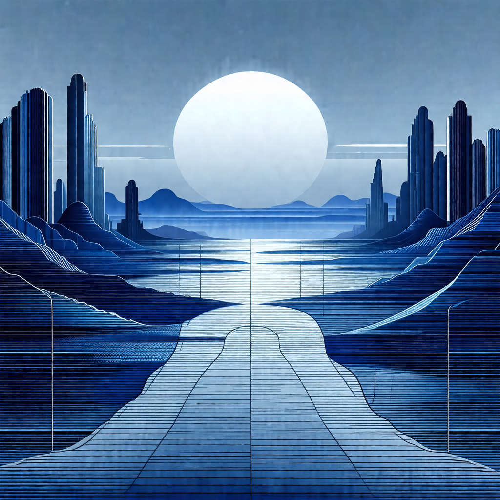 Blue and white painting of a cityscape at night