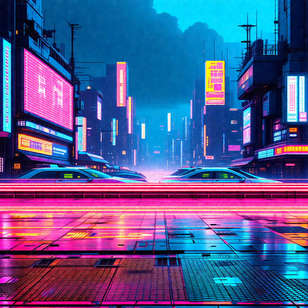 Futuristic cityscape with a pink and blue color scheme
