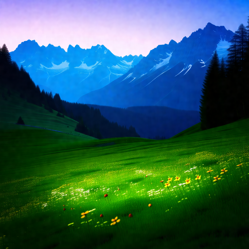 Lush green field with a mountain range in the background