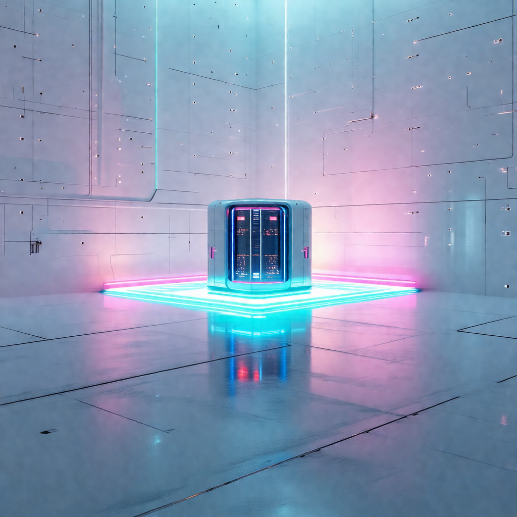 Large, white, and blue box sitting in the middle of a room