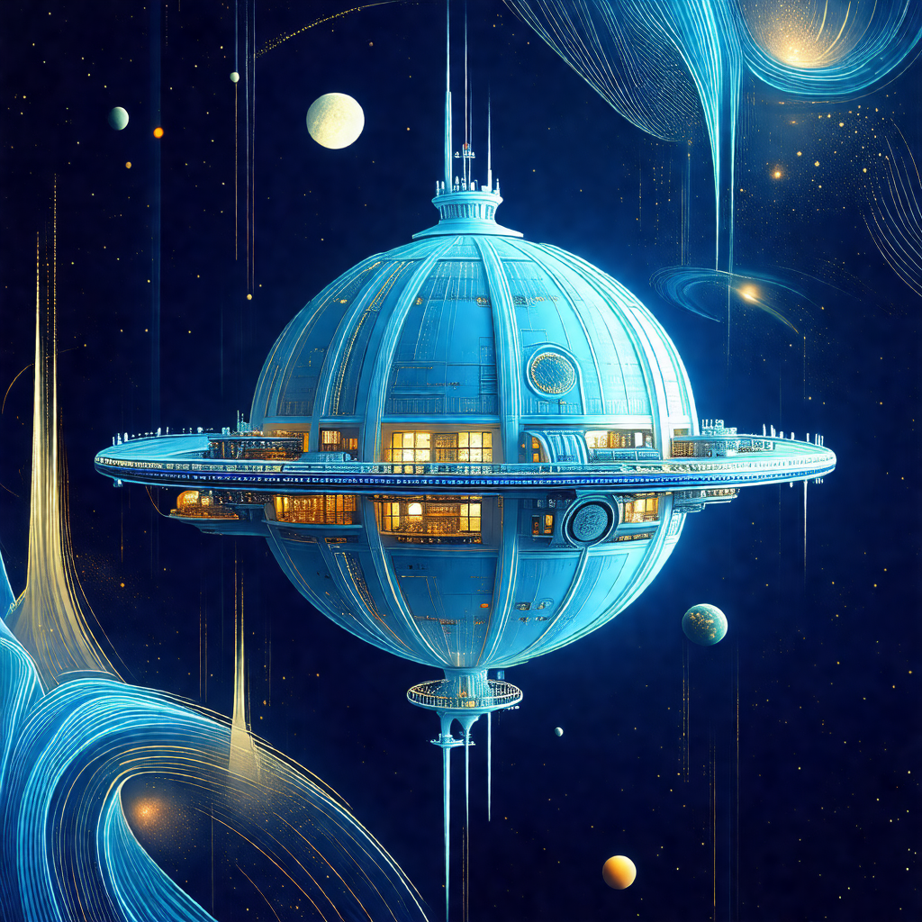Blue and white painting of a large, round, futuristic bui...