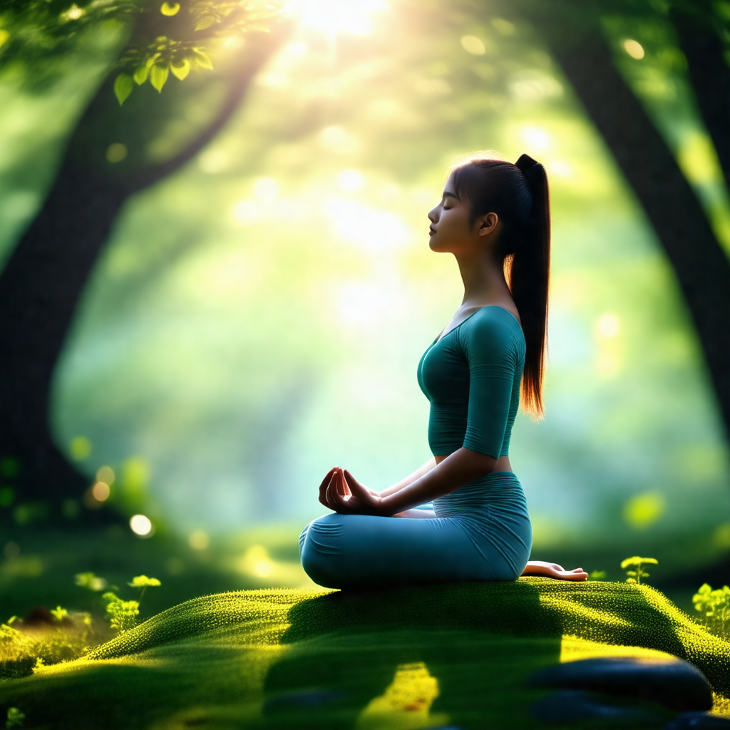 Woman sitting on the ground in a forest, surrounded by trees