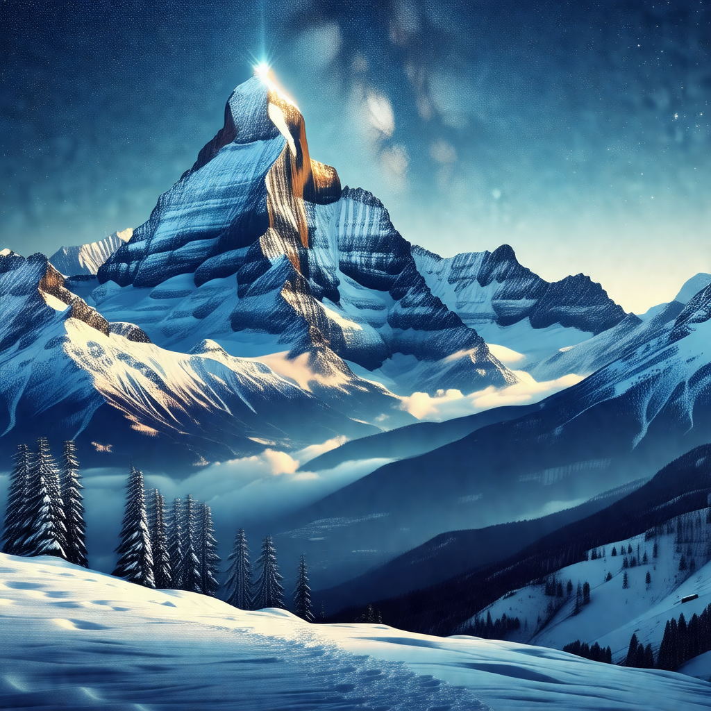 Beautifully drawn picture of a snow-covered mountain with...