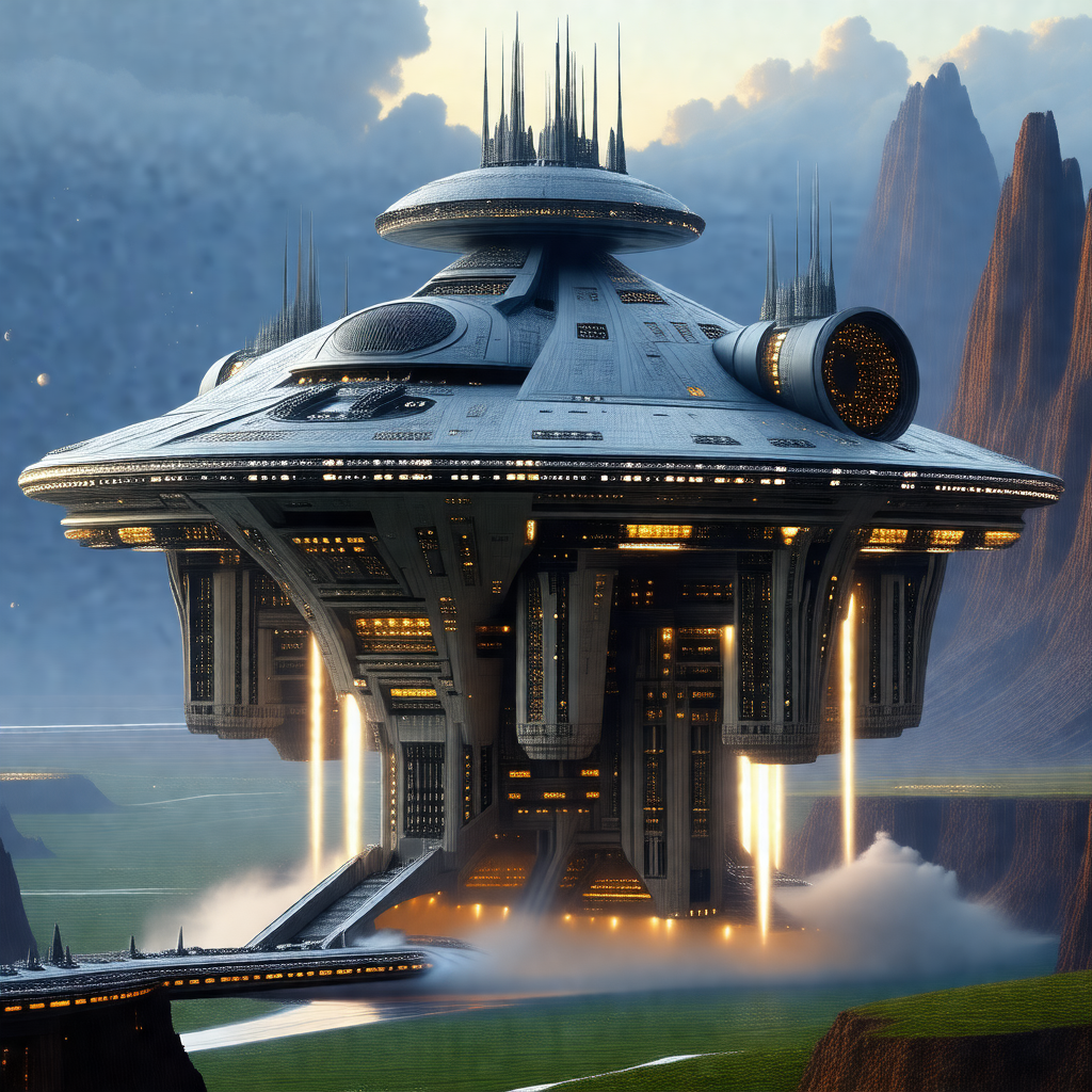 Futuristic spacecraft with a large dome on top, floating ...