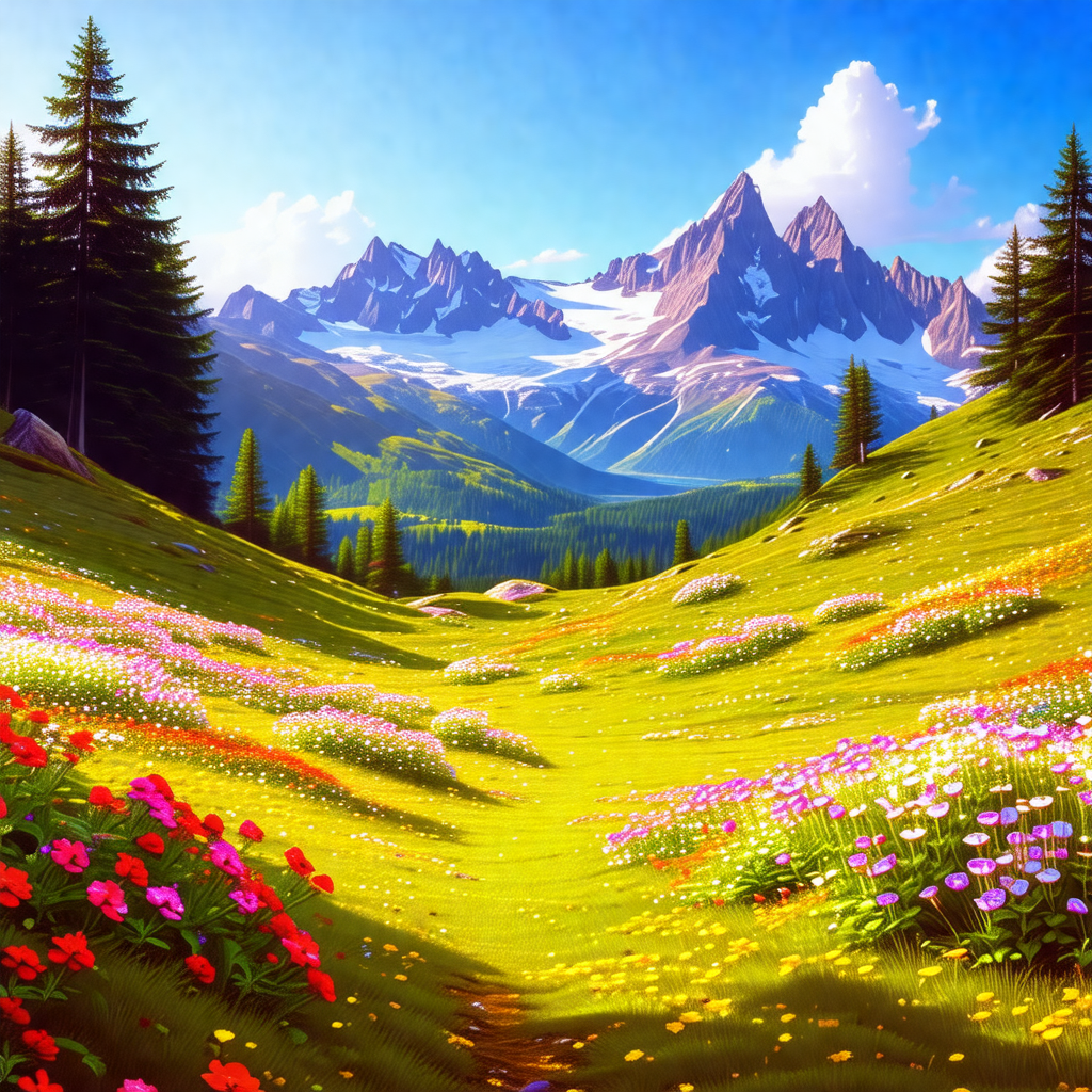 Beautiful, lush green field with a mountain range in the ...