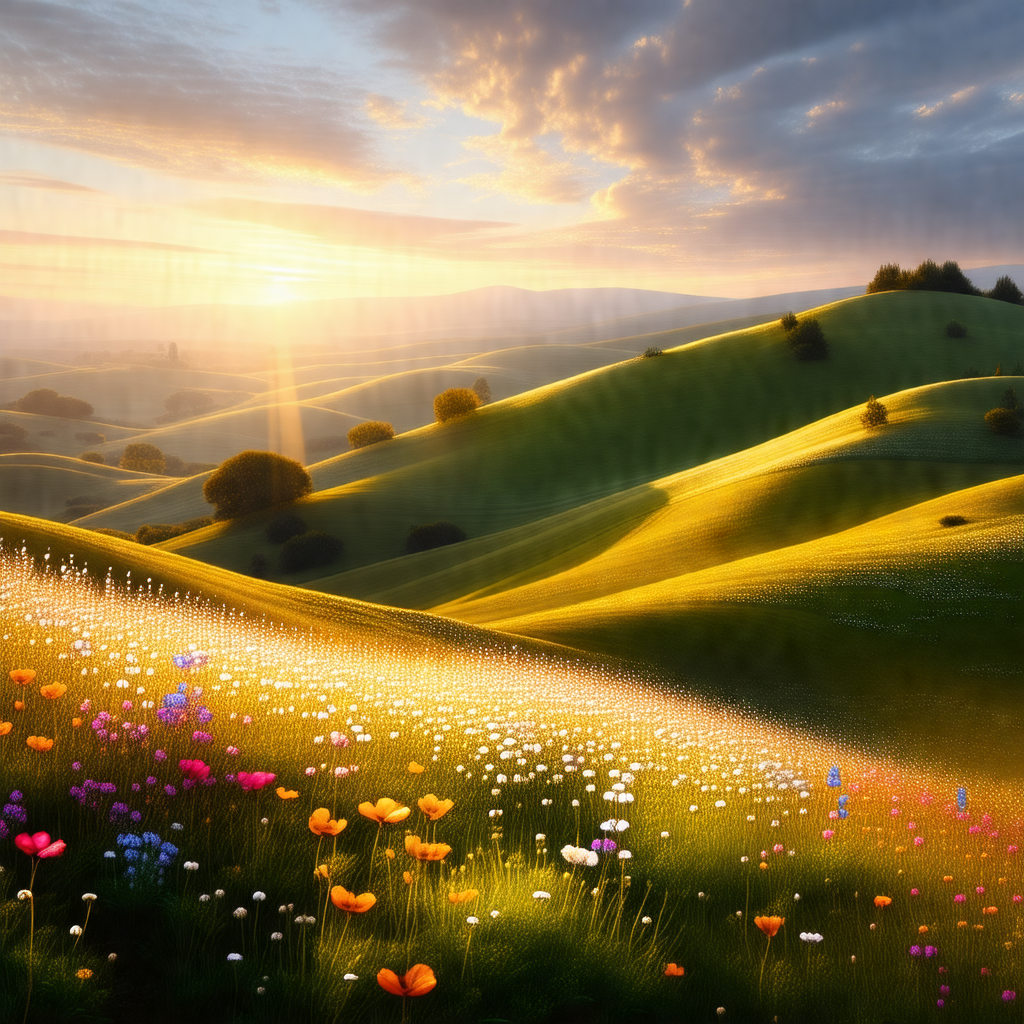 Beautiful, lush green hillside with a sunset in the backg...