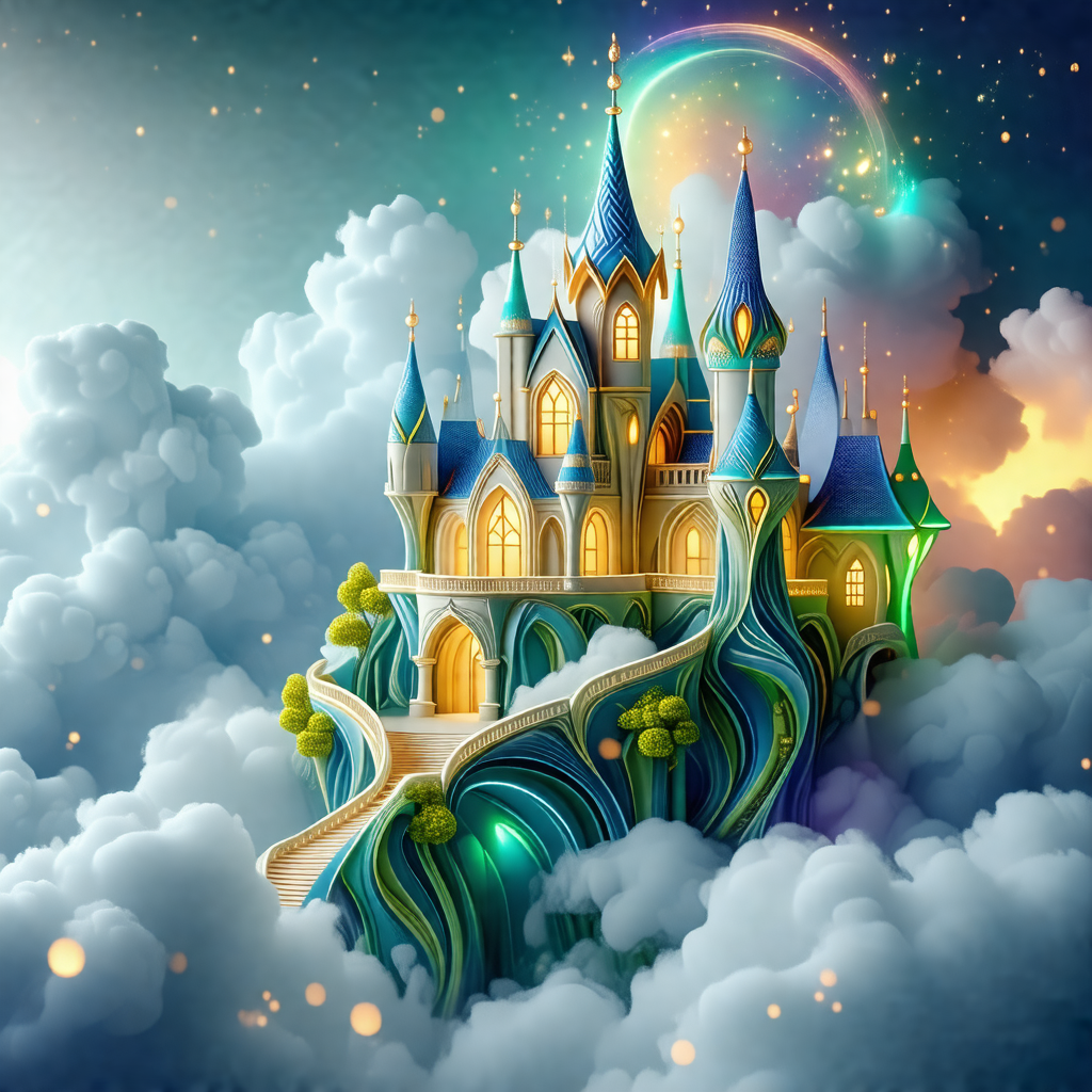 Beautifully drawn castle with a blue and white color scheme