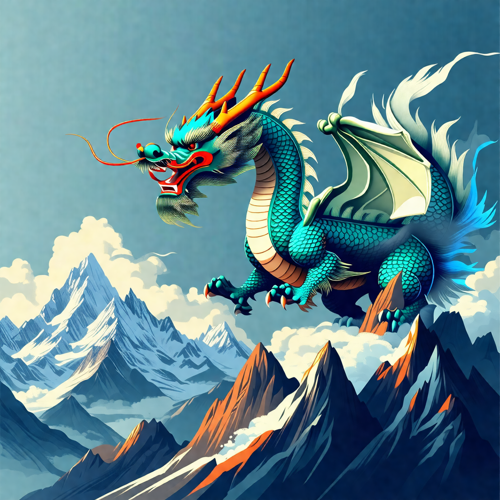 Large, colorful dragon flying through the sky