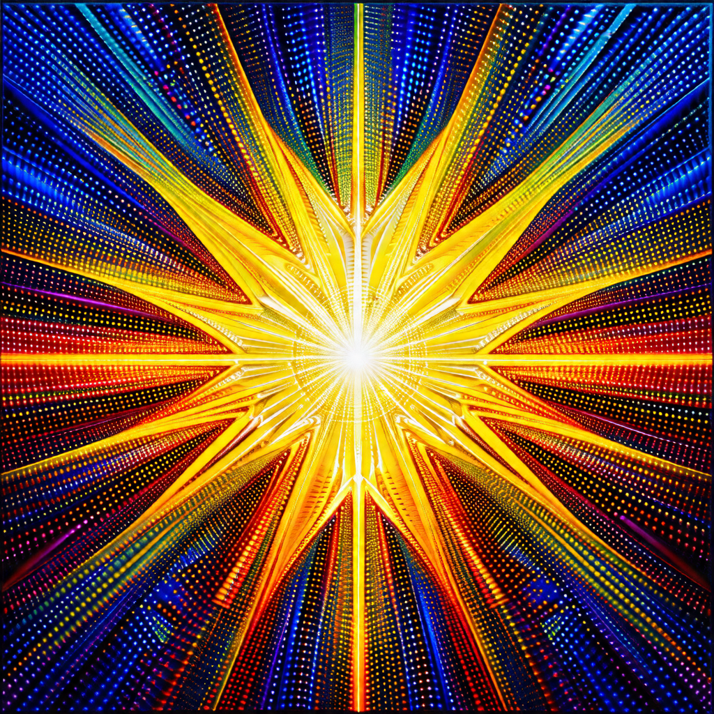 Bright and colorful starburst, with a yellow center surro...