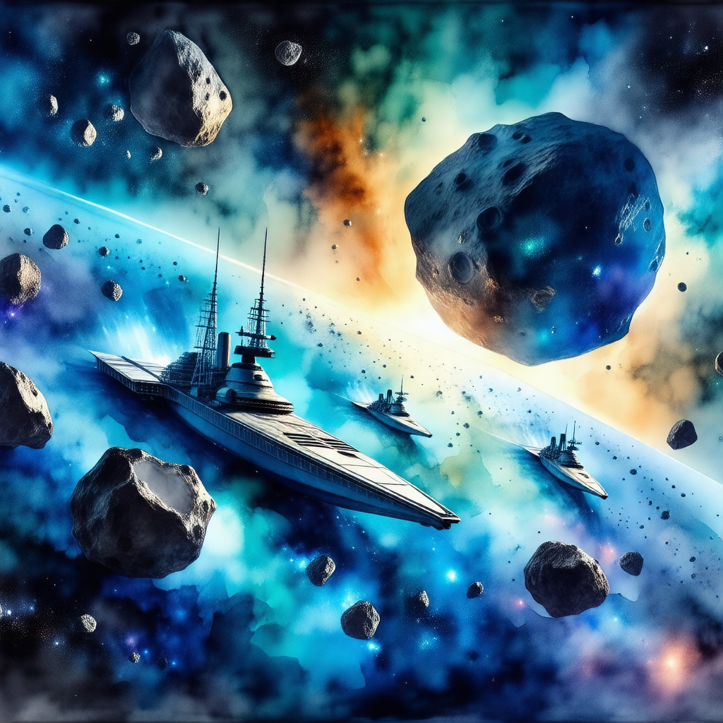Futuristic scene with a large spacecraft floating in the ...