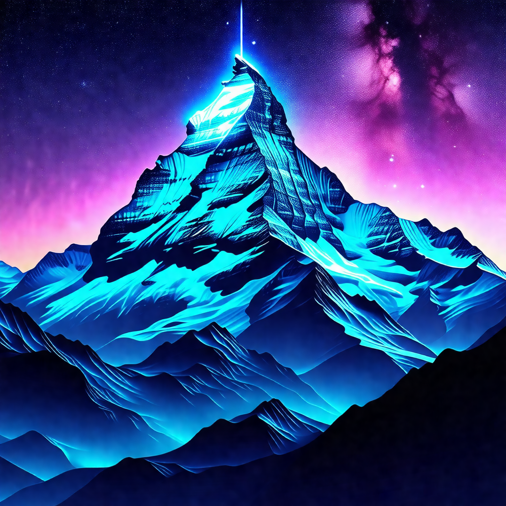 Painting of a majestic mountain with a blue and purple hue