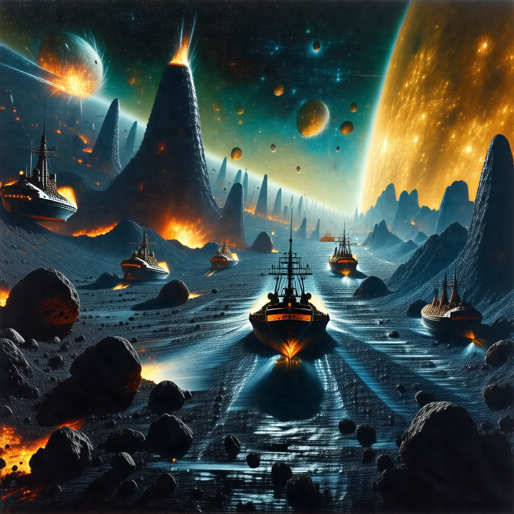 Painting of a futuristic scene with a group of boats floa...